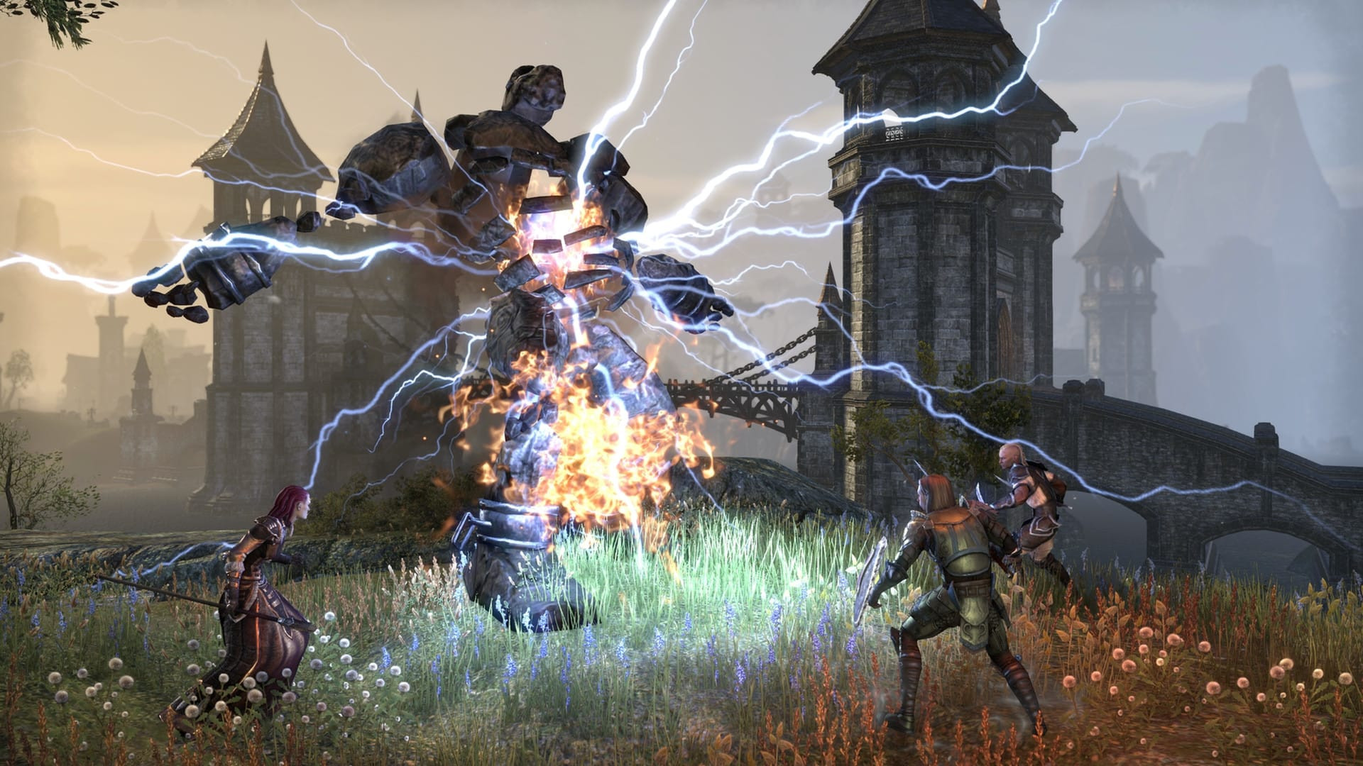 Best MMORPG games: The Elder Scrolls Online, showing a party of three characters coming up against a large stone creature, emphasizing its vast world and adventurous quests.