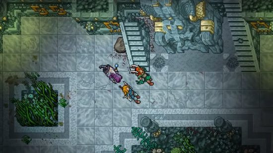 Adventurers in Tibia approaching a large stone creation, exemplifying the game's classic 2D-pixel art style and adventure-filled world.