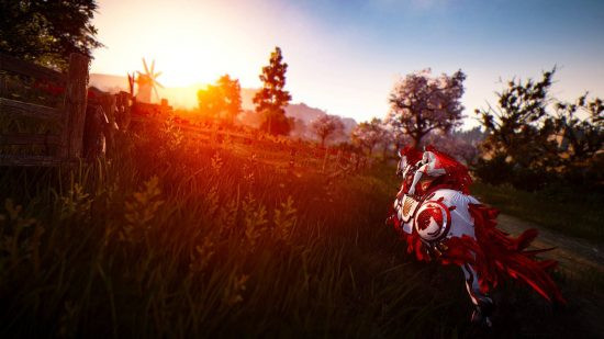 Black Desert Online depicting a person riding a horse through a field at sunset, showcasing its stunning graphics and immersive world.