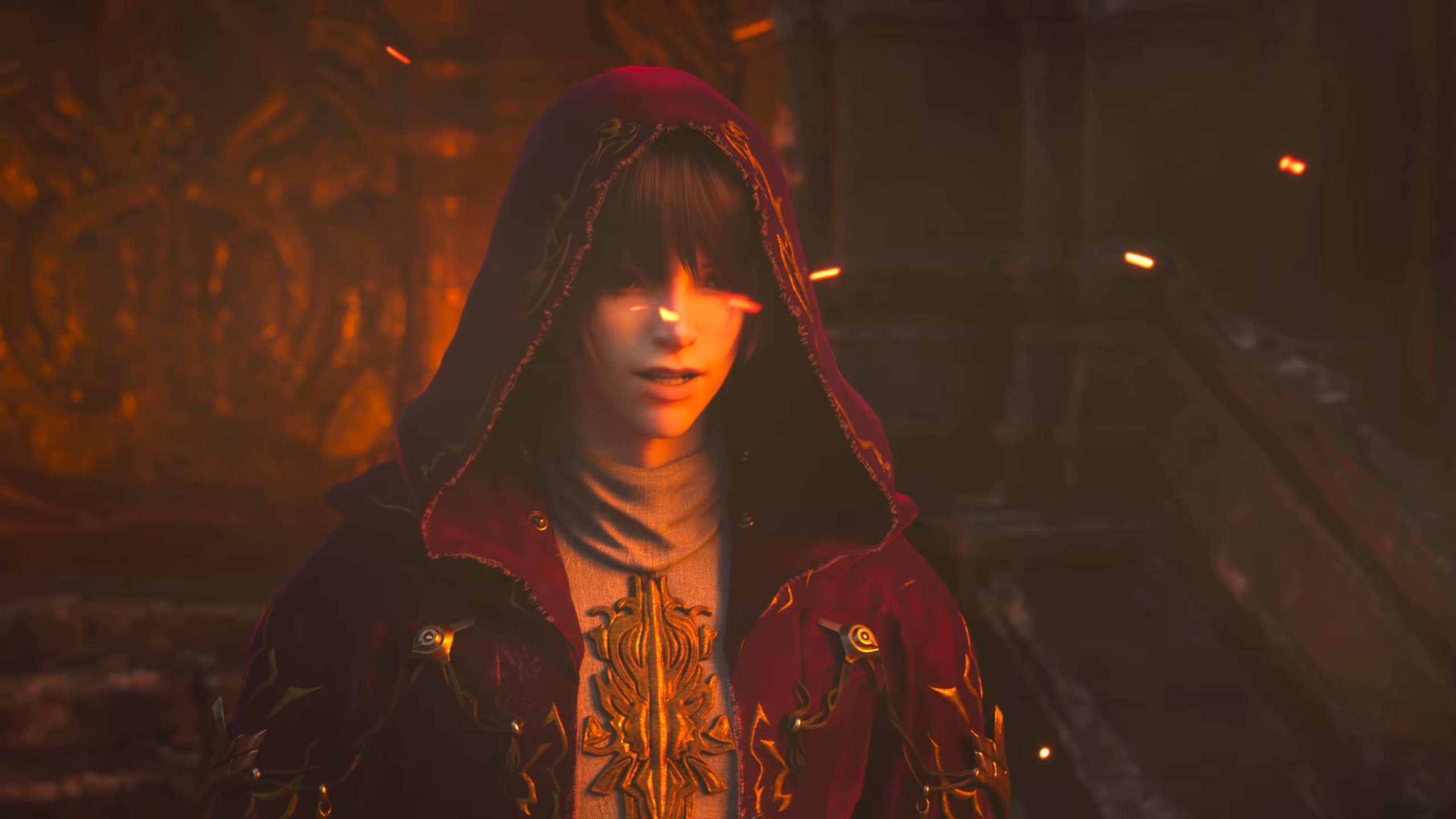 Final Fantasy XIV showing a hooded figure in a dark area lit by flames, capturing its epic storytelling and stunning visuals.