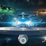 Star Trek Fleet Command showing ships flying through space, indicating interstellar strategy and fleet management.
