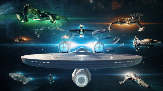 Star Trek Fleet Command showing ships flying through space, indicating interstellar strategy and fleet management.
