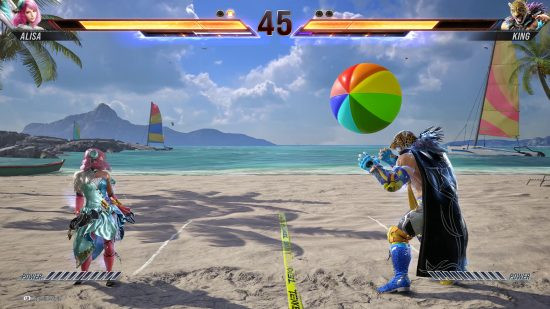 Tekken 8: A woman with pink hair in a blue dress stands on the beach