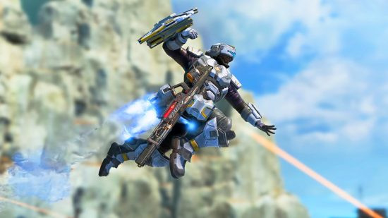 Apex Legends: A character flying along with a jetpack and a gun
