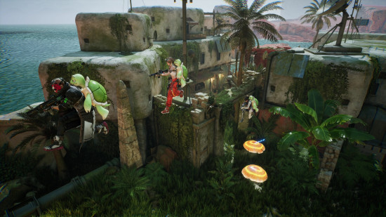 Fragpunk: A squad of players wearing turtle backpacks making their way through the jungle