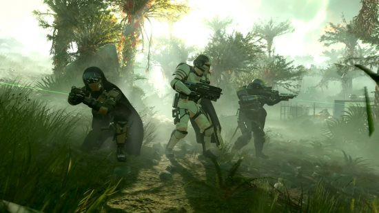 Helldivers 2: Three soldiers hunting aliens in the woods