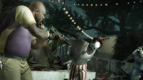 Left 4 Dead 2: Coach from Left 4 Dead 2 is about to shoot a clown zombie with a shotgun