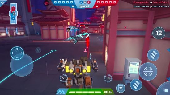 Mech Arena: A mech in a city-esque area doing battle with other mechs