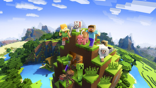 Minecraft: blocky characters in a lush green Minecraft world