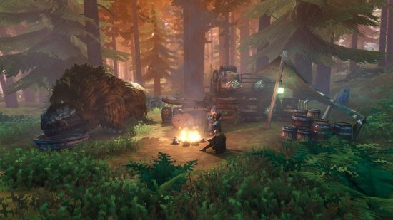 Valheim: Two vikings have set up a camp and a fire in the middle of the woods in Valheim