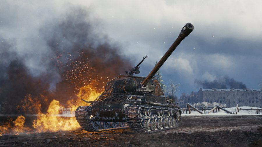 World of Tanks: A tank pointing towards the sky on a snowy landscape