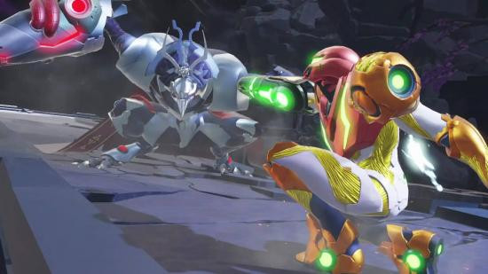 Samus Aran preparing to attack in Metroid Dread