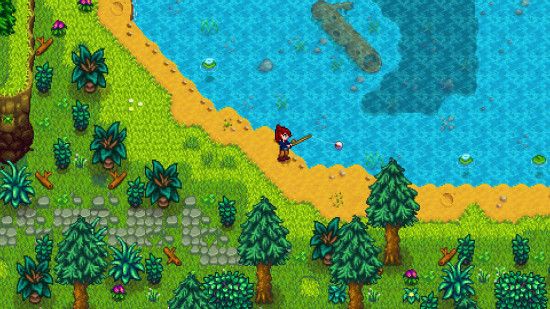 Pixelated scene of a character fishing in Stardew Valley