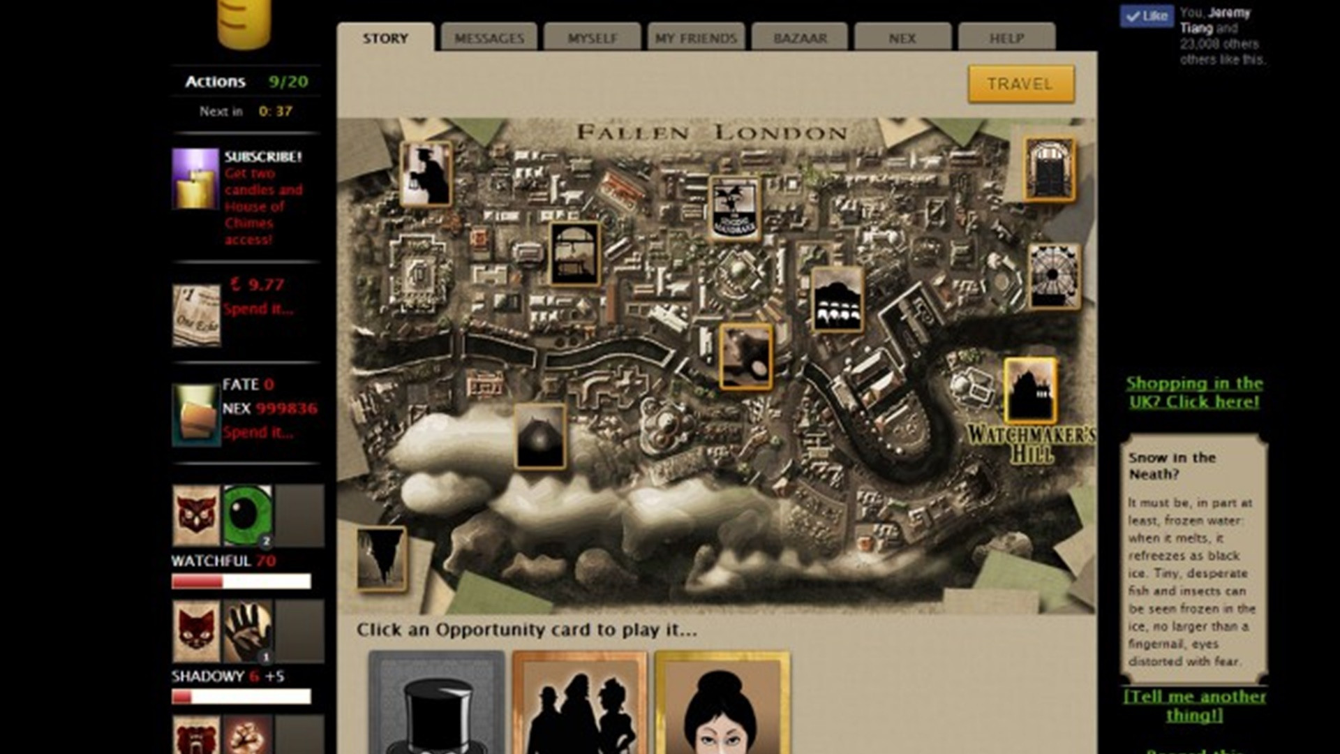 Online games Fallen London Image shows a map of London with various options available to the player around the screen