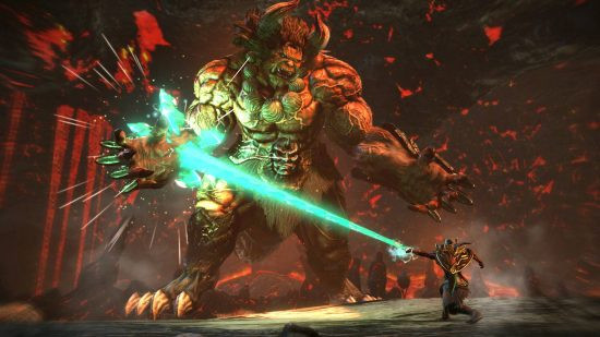 A hunter battles an Oni in Toukiden 2, combining monster hunting with Japanese folklore.