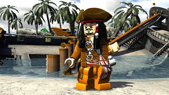 Lego Pirates of the Caribbean: A Lego version of Captain Jack Sparrow standing next to a sunken ship.