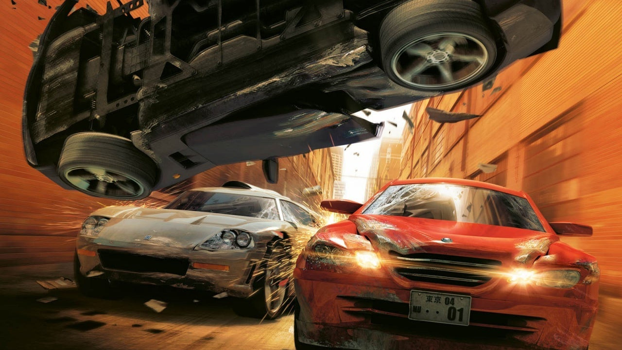 Two cars race with one rolling above them in Burnout Revenge