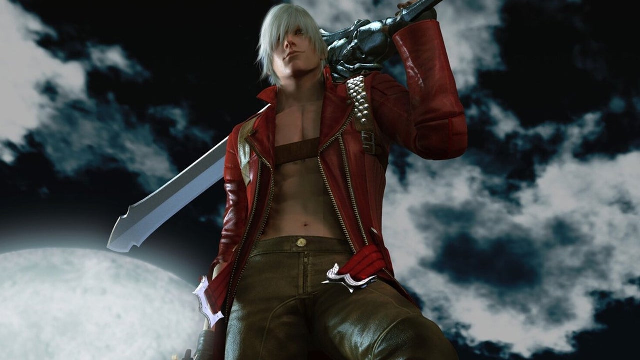 A man in a leather jacket rests a large sword on his shoulder in Devil May Cry 3
