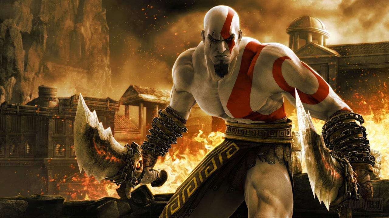 Kratos wields his blades as a city burns behind him in God of War