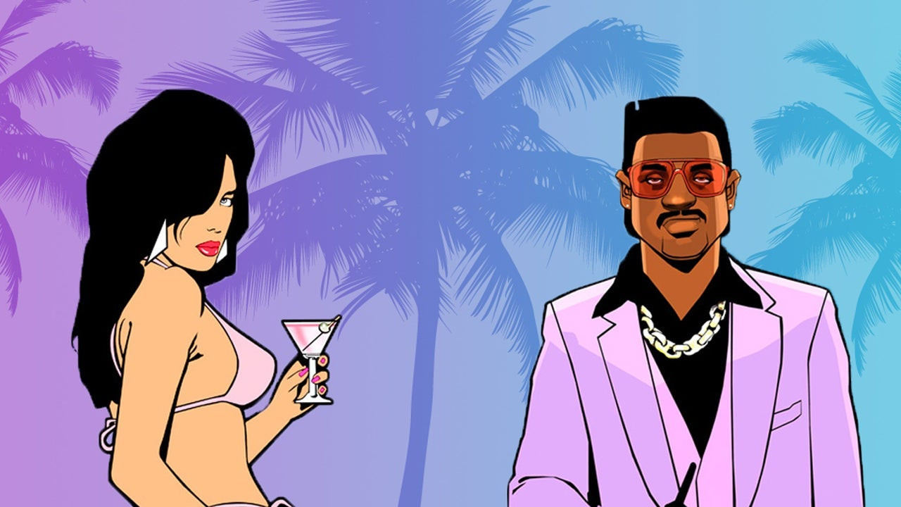 A woman in a biki holds a martini next to a man in a purple suit and sunglasses in Grand Theft Auto: Vice City