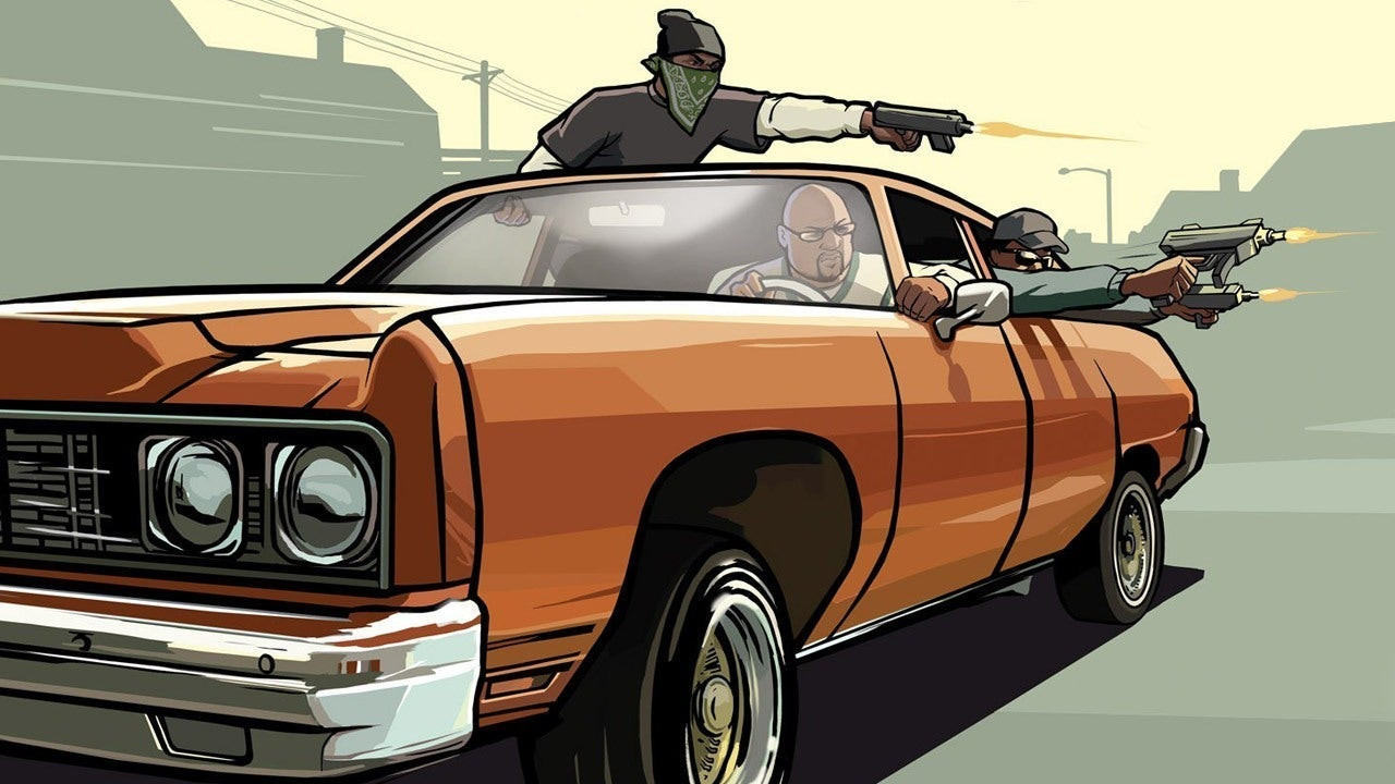 Men shoot out of a moving car in Grand Theft Auto: San Andreas