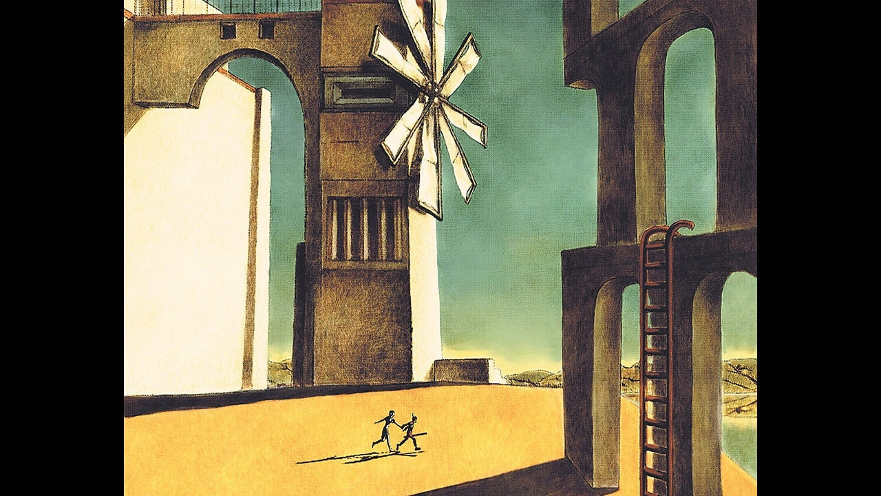 Two characters walk past a windmill structure together, hand-in-hand
