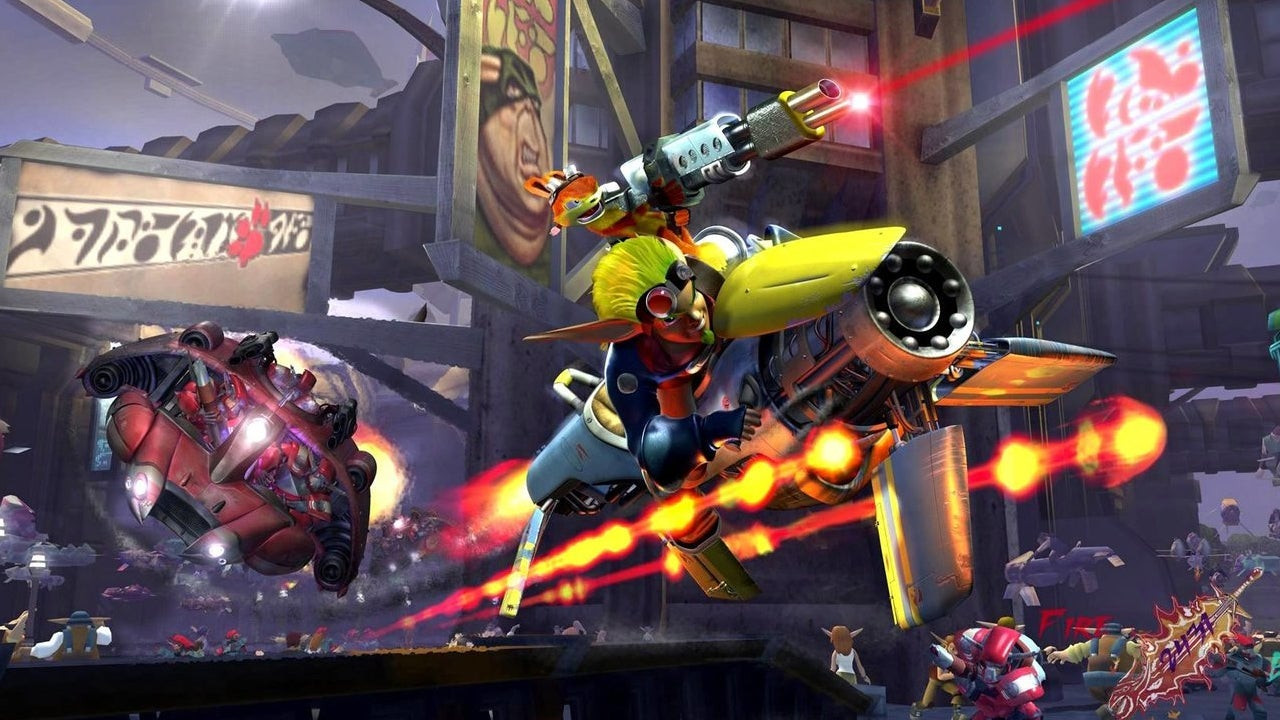 Jak rides a vehicle through the hair while being chased by a robot