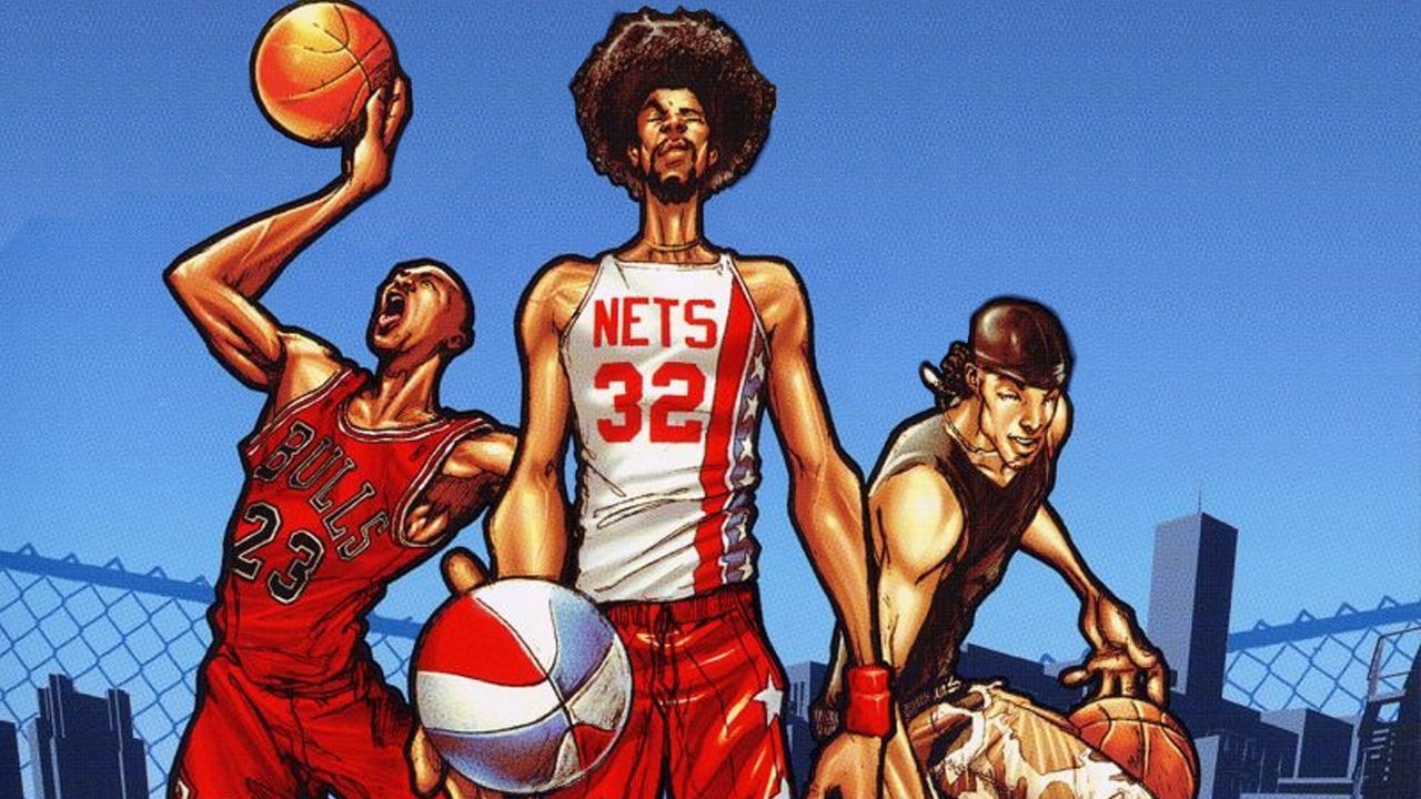 Three cartoon-style basketball players in action, emphasizing the game's arcade-style basketball and flashy visuals