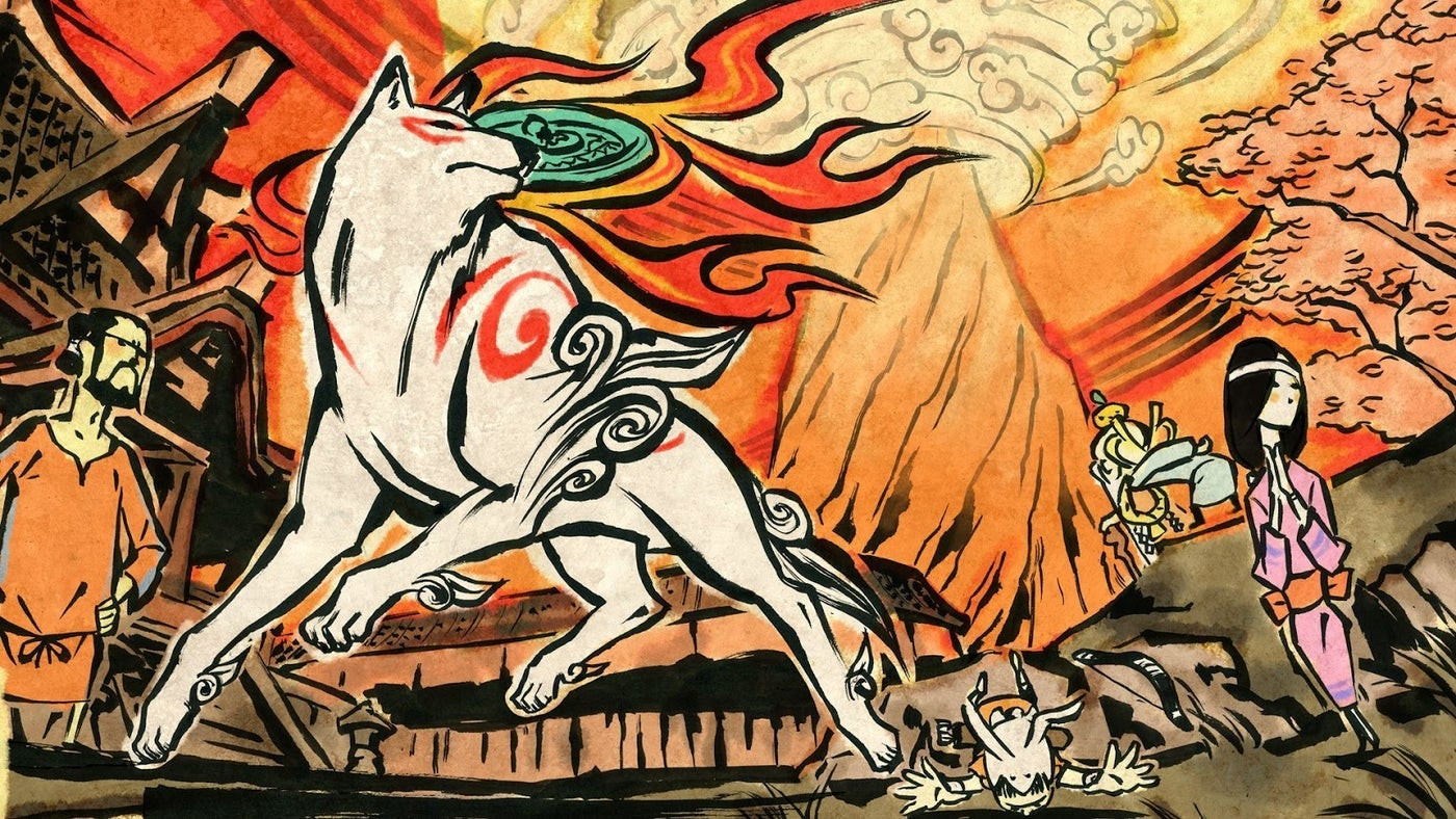 A hand-drawn wolf with vibrant colors in Okami