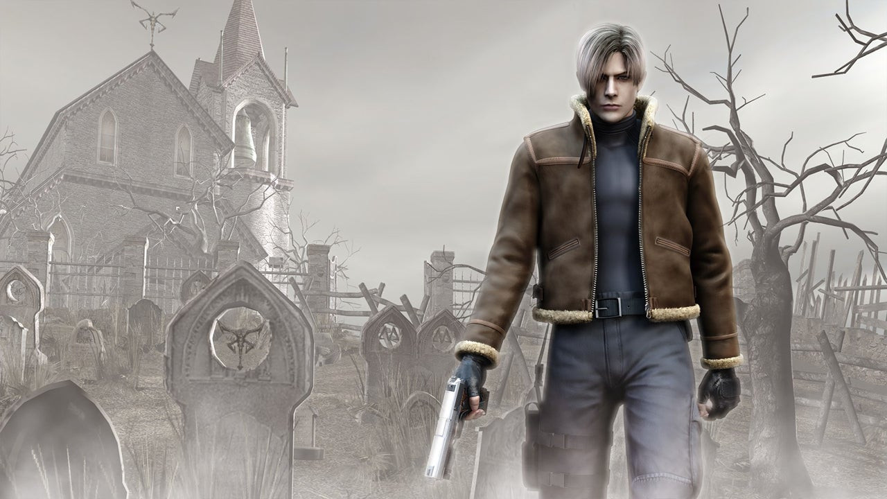 Leon Kennedy stands in a graveyard holding a pistol in Resident Evil 4