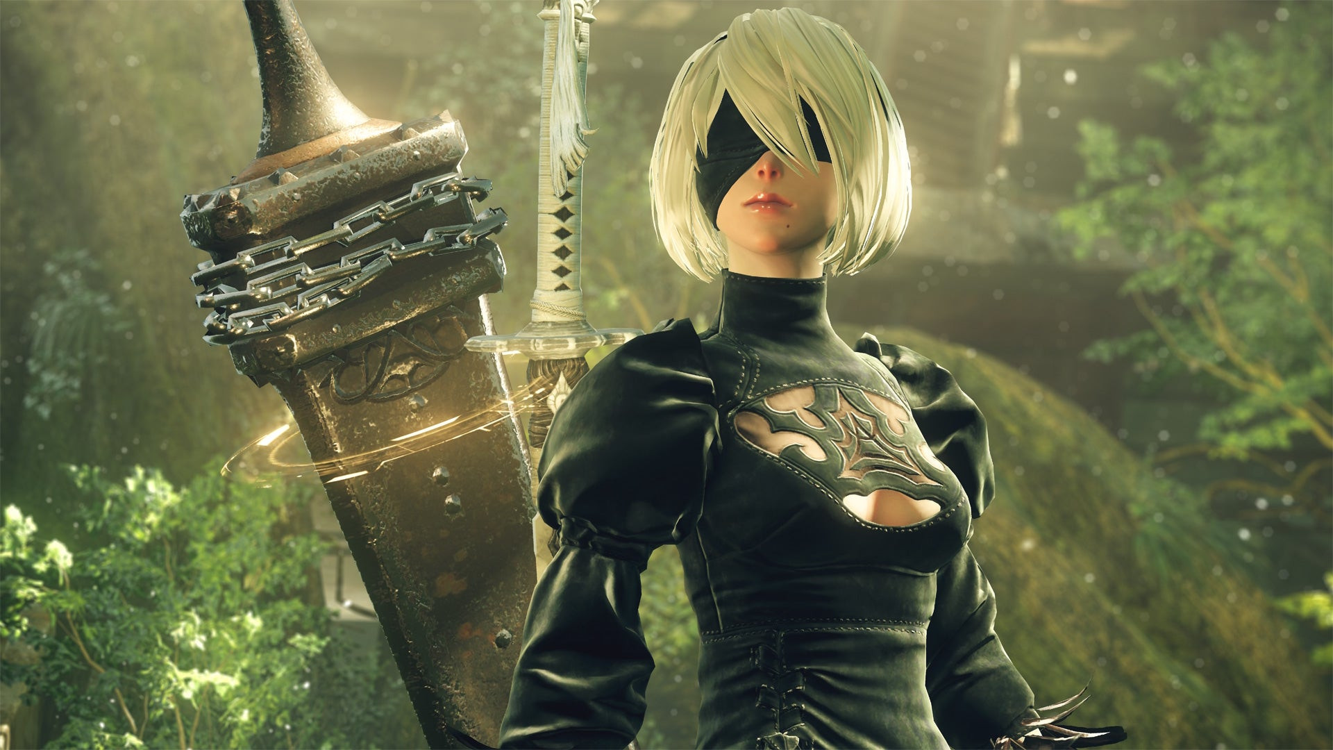 A woman wearing a black dress and blindfold, holding a large sword