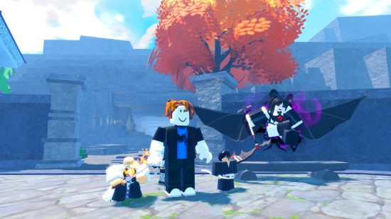 Anime Last Stand Alt Text: Best Roblox games: A roblox man with three anime characters standing next to a bat lady in Anime Last Stand