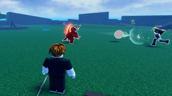Blade Ball Players Fighting Ball Alt Text: Two players fighting in Blade Ball as a ball flings between them, while a third player watches on