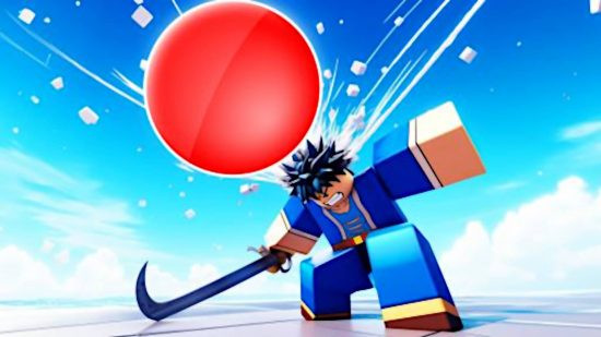 Death Ball Samurai Red Ball Alt Text: A samurai slashing at a giant red ball in Death Ball