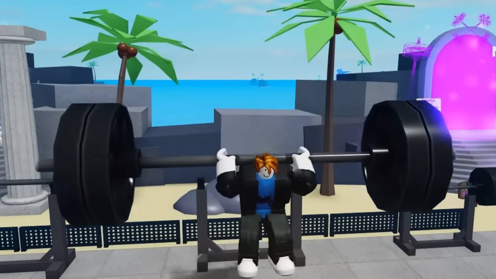 Muscle Legends Alt Text: A promotional image for Muscle Legends showcasing muscular characters lifting weights