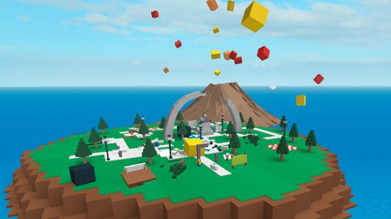 Natural Disaster Survival Alt Text: A scene from Natural Disaster Survival showing players trying to survive a natural disaster