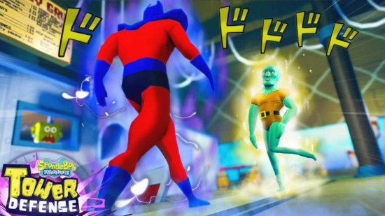 Spongebob Tower Defense Man Ray Handsome Squidward Alt Text: Man Ray approaching Handsome Squidward with Spongebob shocked in the background in Spongebob Tower Defense