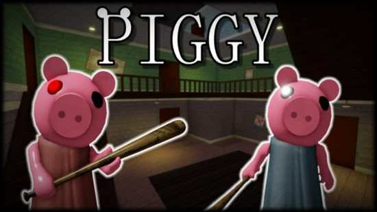 Piggy Baseball Bats Alt Text: Two pigs stand with baseball bats in their hands, one wears a blue dress and one wears a brown dress in Piggy