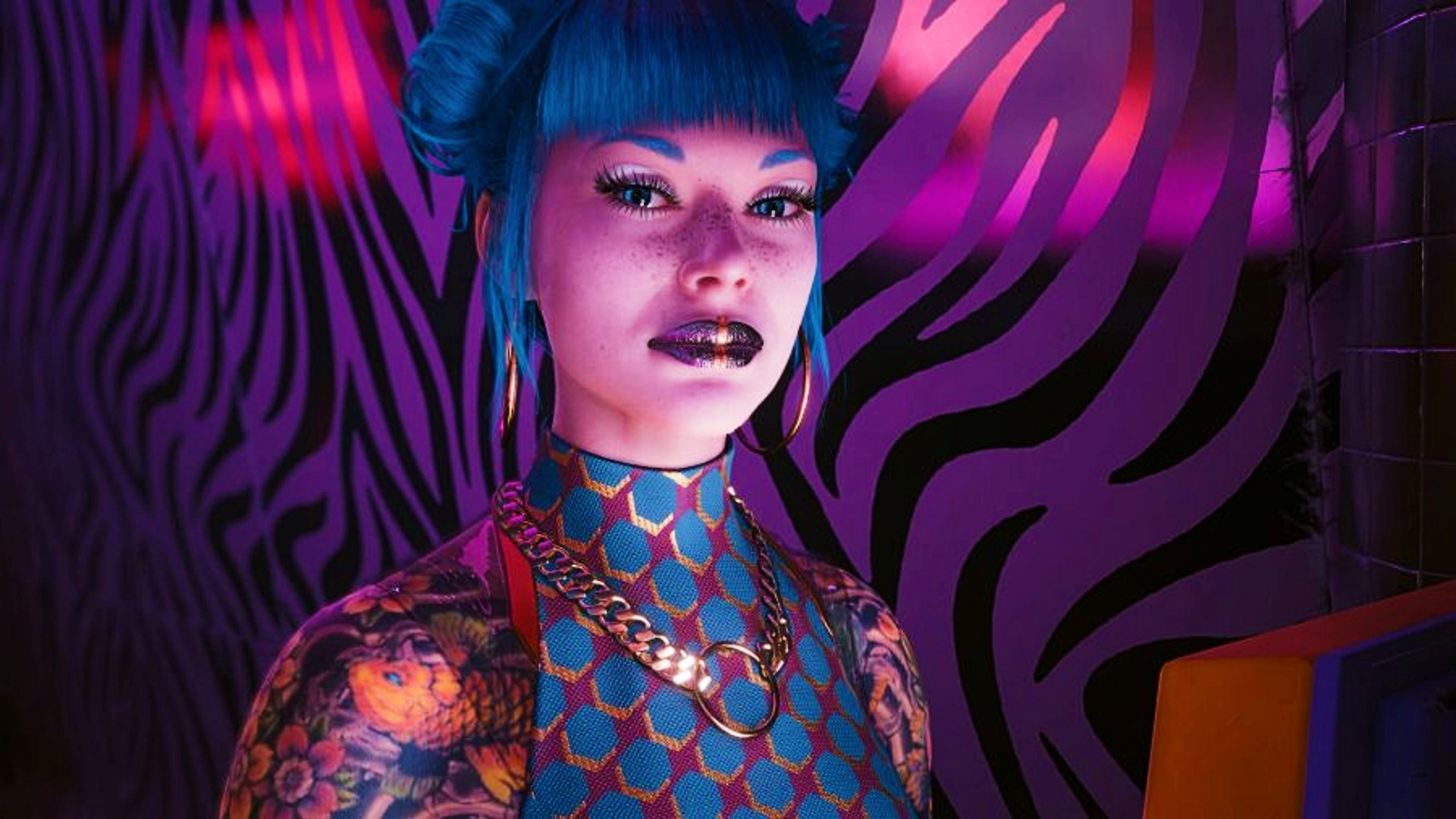 A feminine person with a futuristic chic style in Cyberpunk 2077