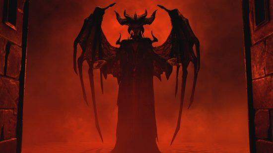 Lilith is standing with her demonic hands outstretched, inviting you to play Diablo 4