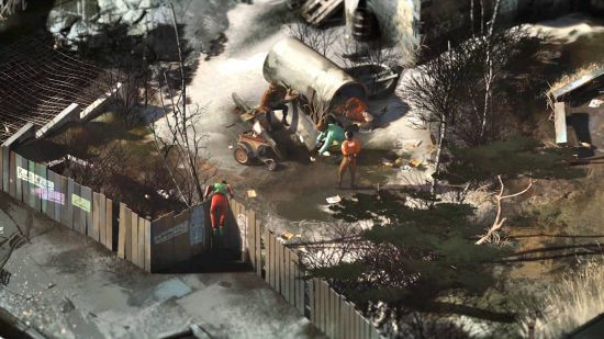 A kid is climbing a fence to reach the people investigating a pile of scrap in Disco Elysium