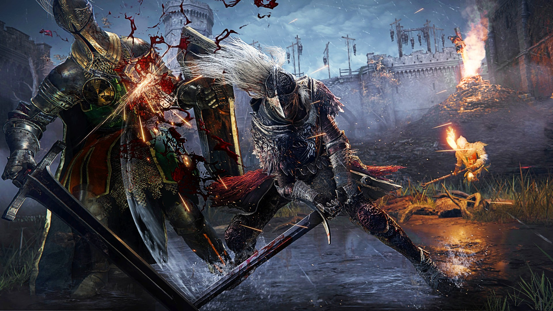 A knight slashing a weapon against a creature in a dark environment in Elden Ring