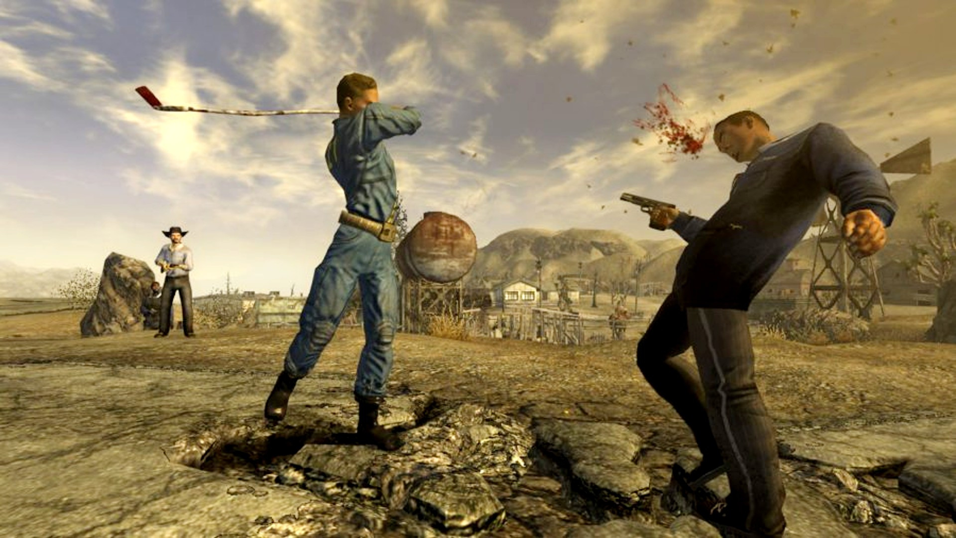 A person whacking someone with a golf club while someone watches with a gun in Fallout: New Vegas