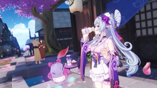 Genshin Impact featuring a character drinking from a bottle near a creature