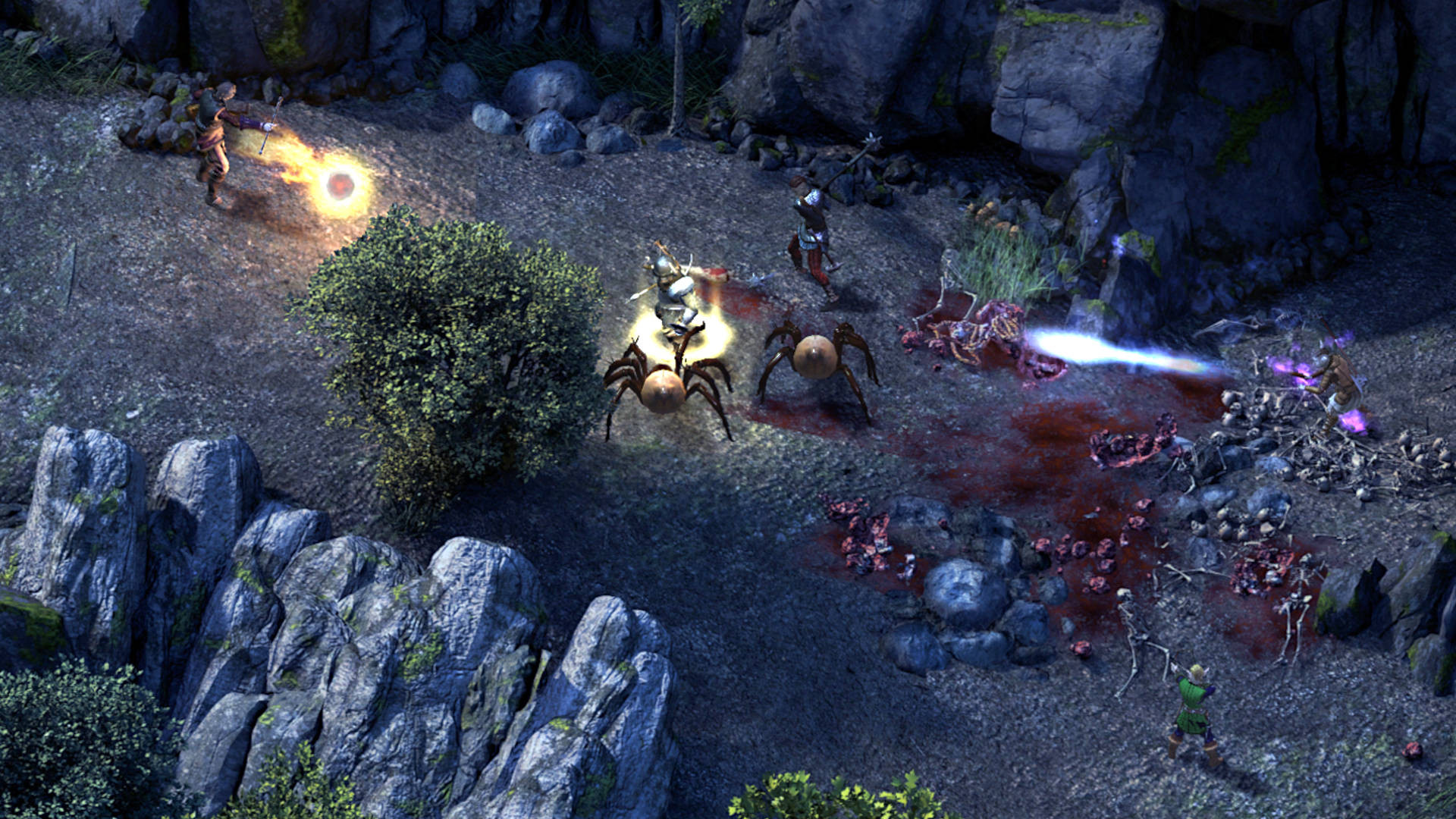 Several people are fighting against giant spiders and other monsters near a cave in Pillars of Eternity