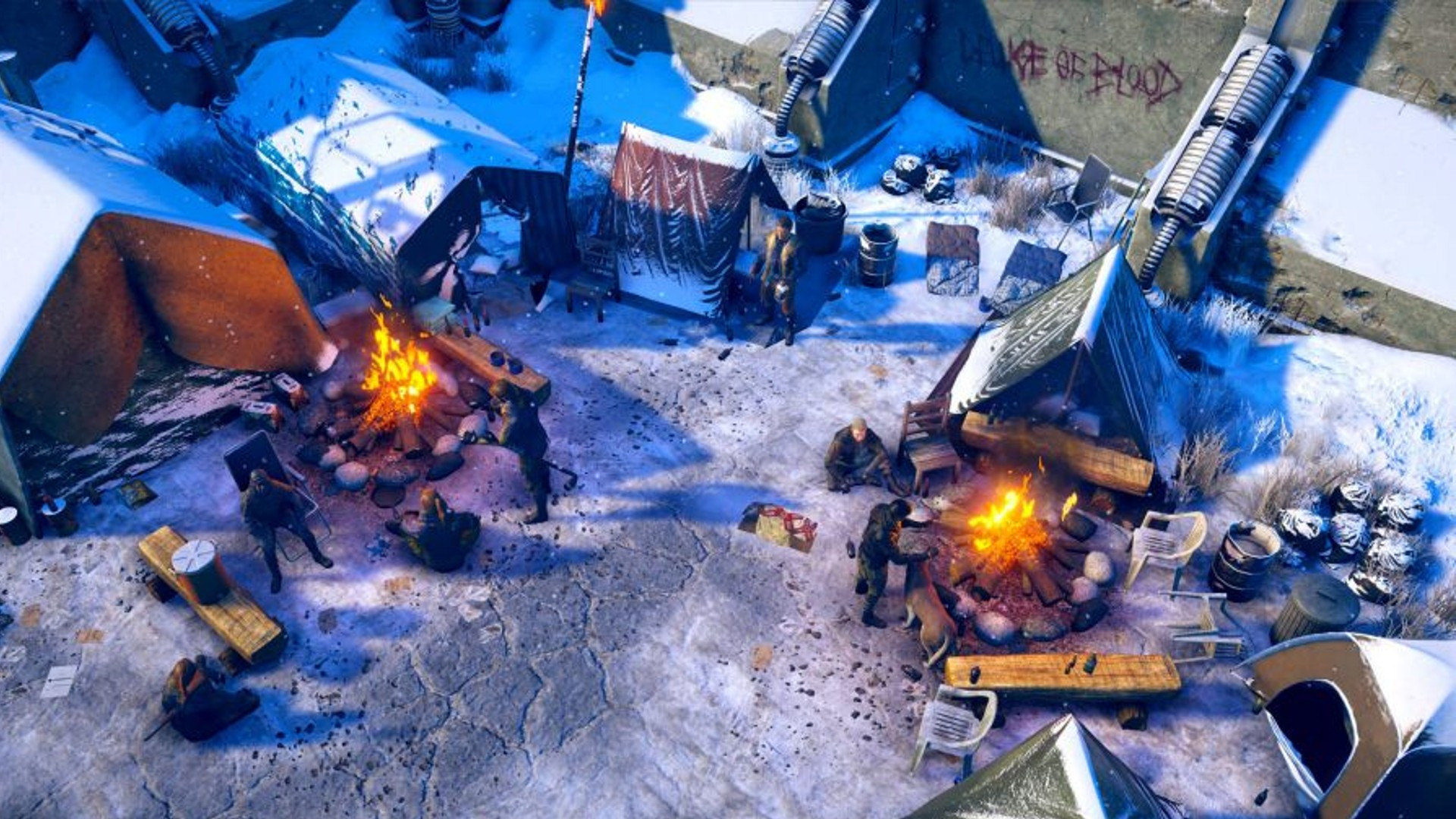 A run down camp in a snowy locale in Wasteland 3