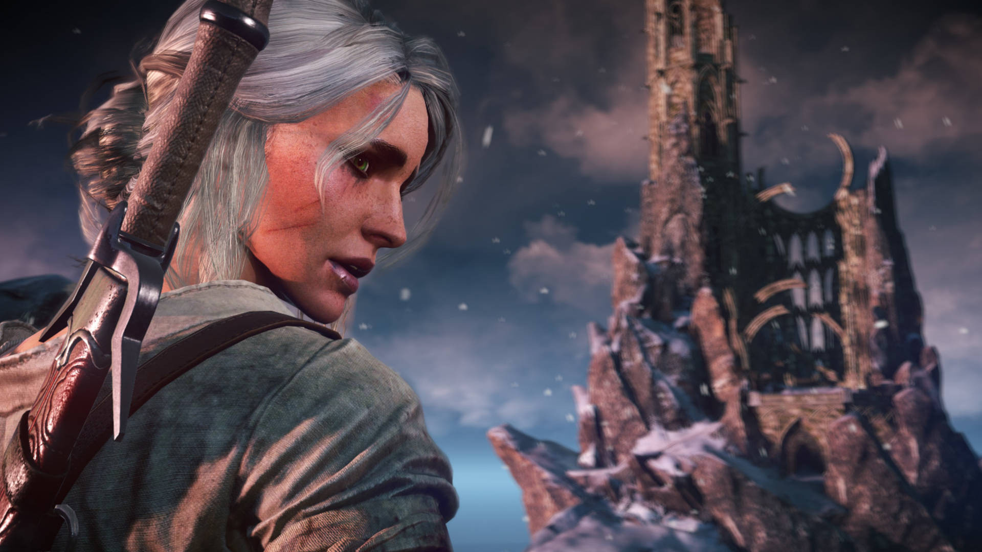 Ciri from Witcher 3 standing on a cliff face overlooking a castle on a hill