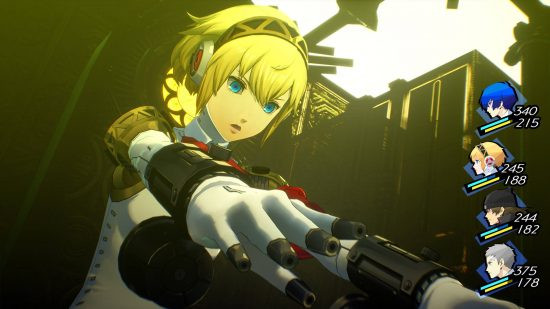 Aegis is preparing to shoot at enemies with her finger guns in Persona 3 Reload