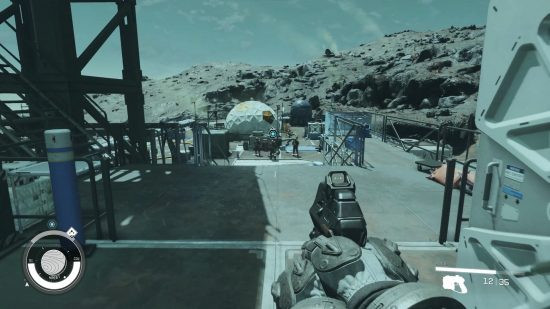 A man holding a pistol approaches three pirates in Starfield