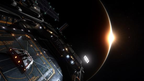 Elite Dangerous: Light shines out from behind a planet as a spaceship approaches, capturing the game's realistic and immersive space environment